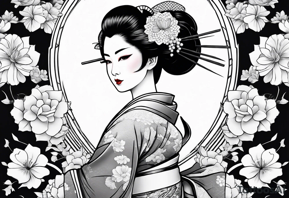 Geisha with a dress and a fan tattoo idea