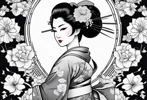 Geisha with a dress and a fan tattoo idea
