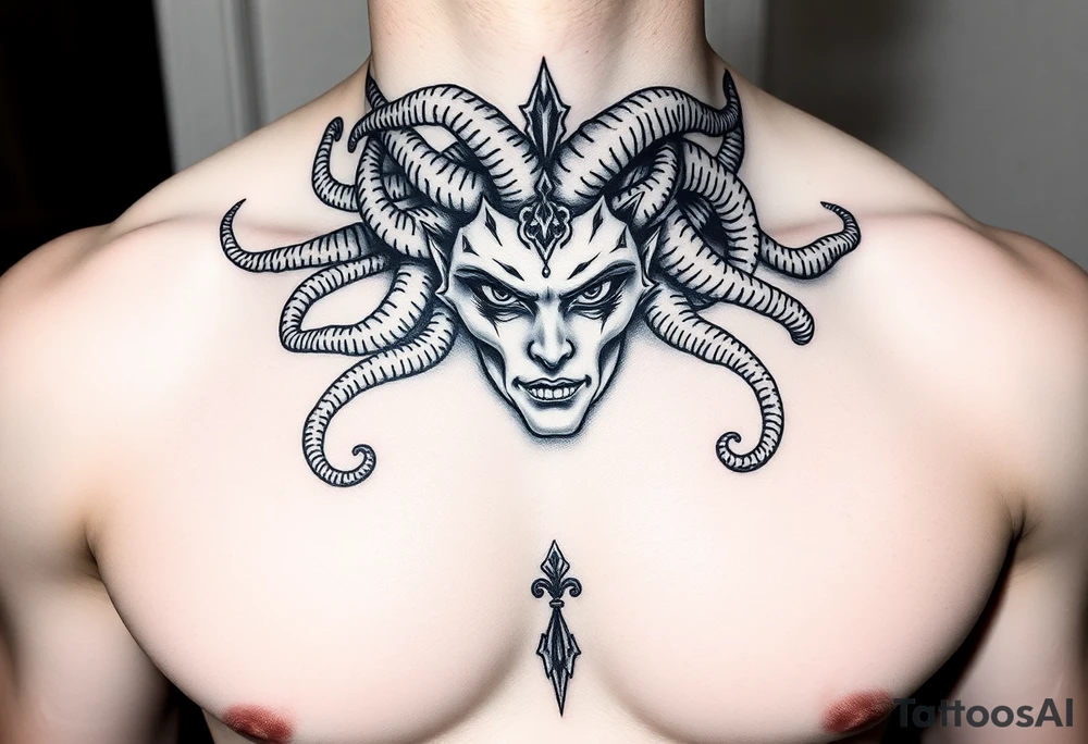 A Beautiful soft feminine sexy Medusa chest peice Black and white with shading tattoo idea