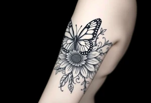 Bohemian style butterfly sitting on a stylized  sunflower with mandala petals on a swirly flourishing vine tattoo idea