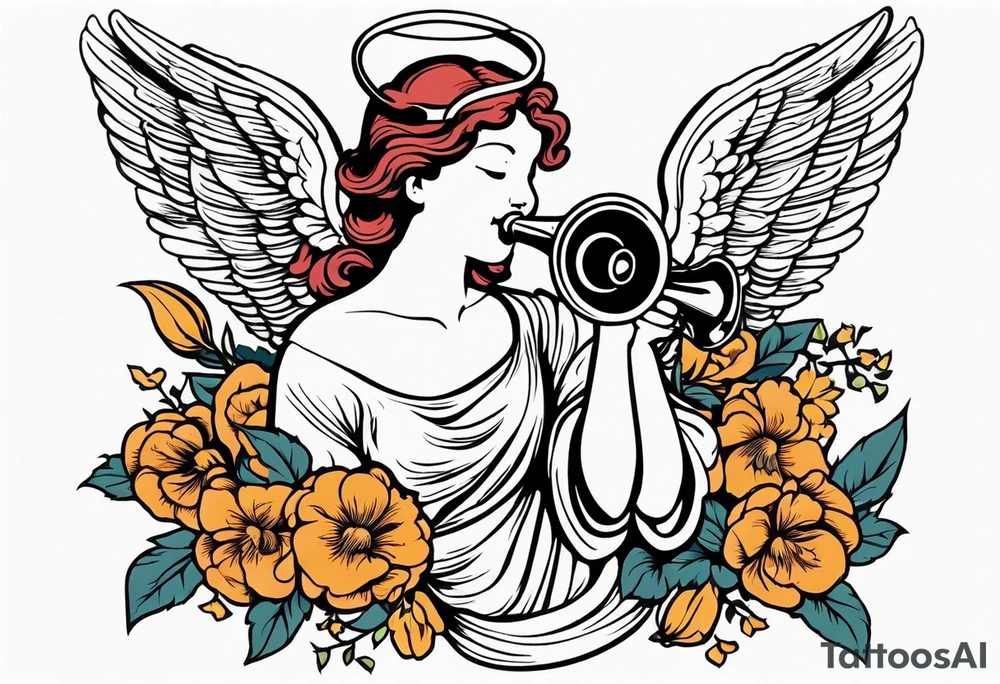 angel with trumpet
old school vintage simple traditional design with vintage flowers surrounding it bold color tattoo idea