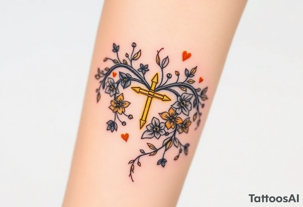 An enchanted bow made of intertwining vines and flowers, with golden Sagittarius glowing among the leaves tattoo idea