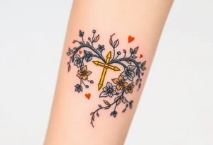 An enchanted bow made of intertwining vines and flowers, with golden Sagittarius glowing among the leaves tattoo idea