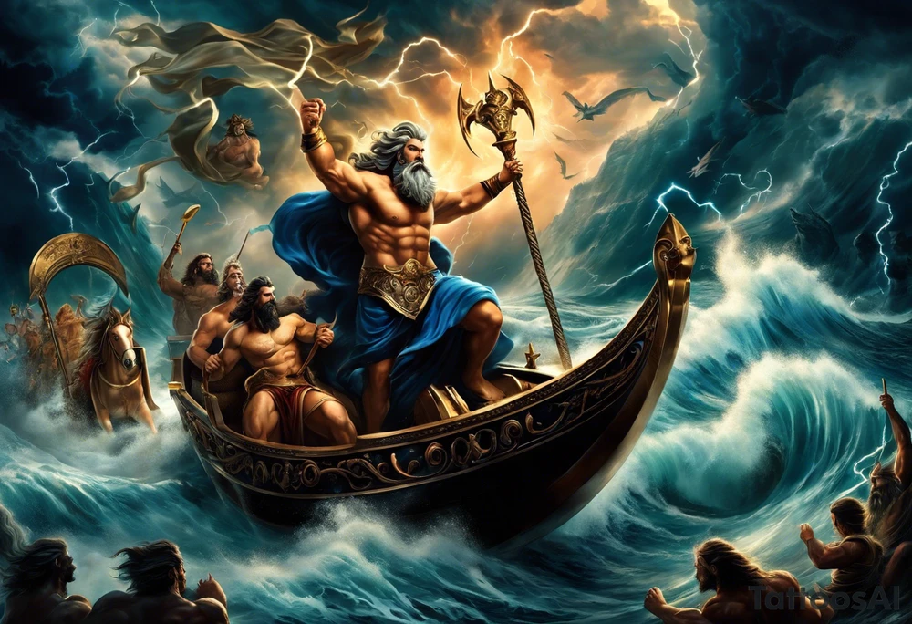 Tattoo sleeve with Zeus, Poseidon and Hades. Zeus holding a thunderbolt aloft in one hand with storm clouds and lightning bolts in the background. Poseidon riding a chariot pulled by seas horses with waves crashing around them. He is also wielding his trident. Hades seated on a dark throne in the underworld, surrounded by shadowy figures tattoo idea