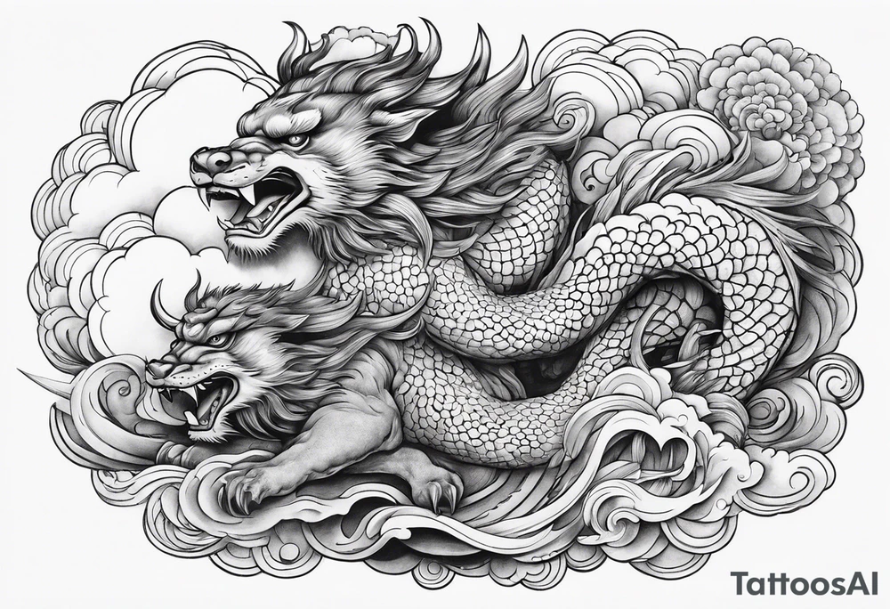 two creatures carving each another with tools japanese clouds tattoo idea