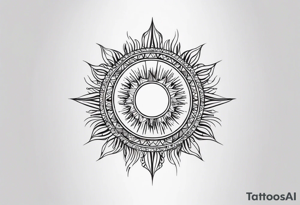 a mixture of minimalist/fine line/tribal/abstract
 tattoo design that is mainly minimalist with fine lines. unique Design of the sun that resembles a connection to the sun. It further resembles the sun's energy. Make it simple to draw and focus on the rays of sunshine
unique shape
simple design
more abstract 
do not put a face in the sun. do not generate full sun. 

let the tattoo be the energy of the sun tattoo idea