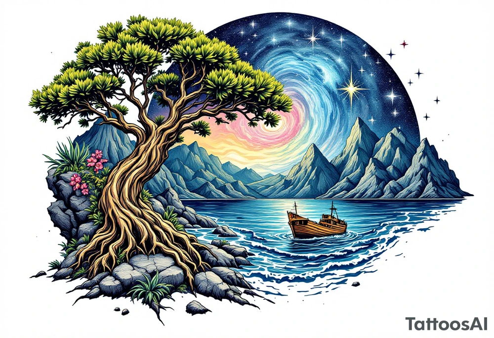 tattoo that has an acacia tree with mountains, ocean with a ship wreck and the northern star tattoo idea