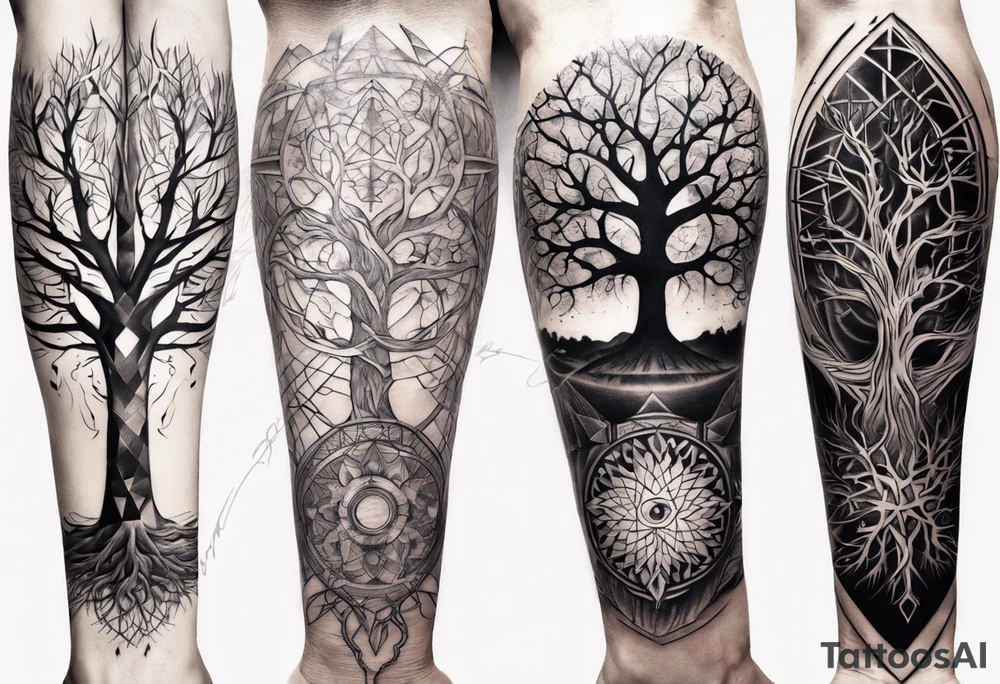 full arm sleeve tattoo with tree of life tattoo idea