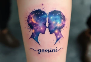 A galaxy-filled silhouette of twin figures, blending purples, blues, and glowing stardust effects and word "gemini" under it. tattoo idea