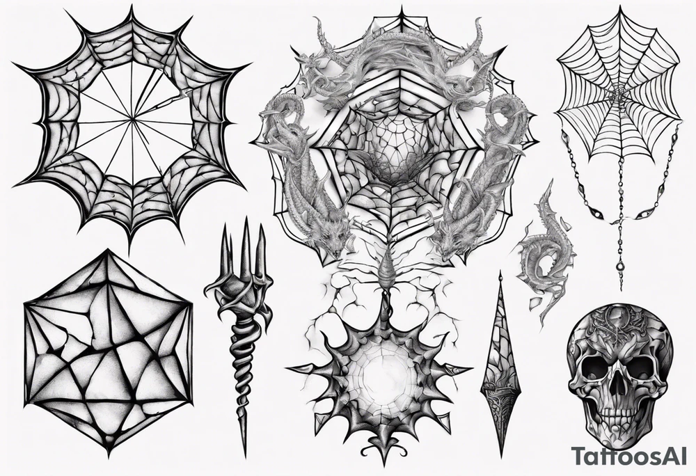Dragon spiral spiderweb shattered chalices jewels, unicorn horn and a spider tattoo idea