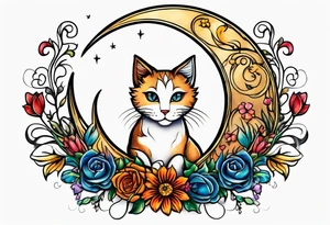 2 cats in laid crescent moon with flowers and paw prints tattoo idea