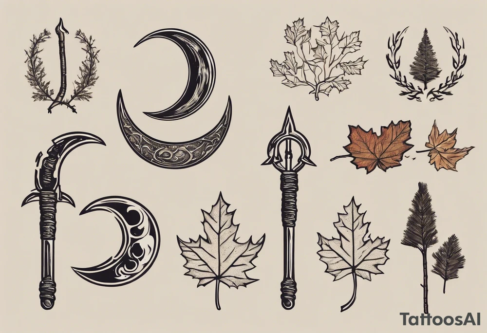 A druid sickle in the shape of a 1/4 moon, the handle has a acorn on the hilt, on the opposite side of the sickle there are four leafs,  an oak leaf in the spring, a birch leaf in the summer, a maple leaf with fall colors, and a pine leaf in the winter tattoo idea