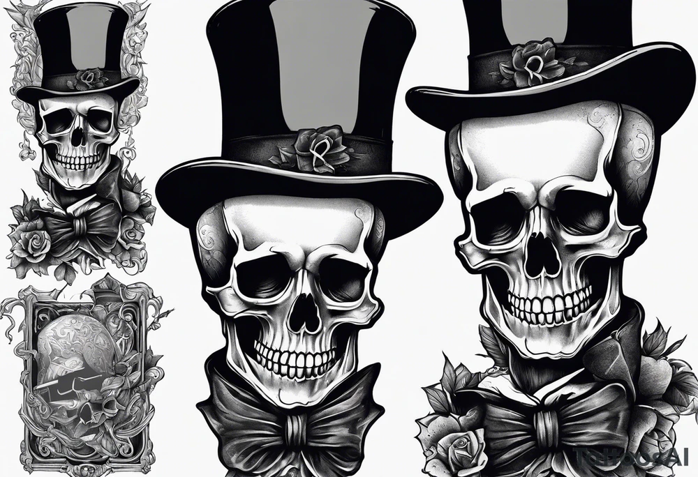 skeleton with skin falling off wearing a top hat holding a holy bible tattoo idea