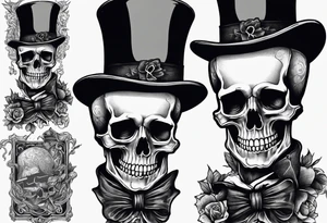 skeleton with skin falling off wearing a top hat holding a holy bible tattoo idea