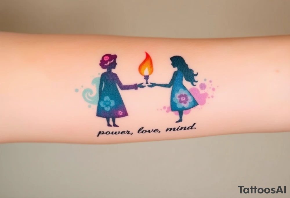 Silhouette of grandmother, mother and daughter passing a flame from oldest to youngest with the flame growing as it goes. Make the flame in watercolor motif and the silhouettes simple. Incorporate the words power, love and sound mind. Or 2 Timothy: 5-7 tattoo idea