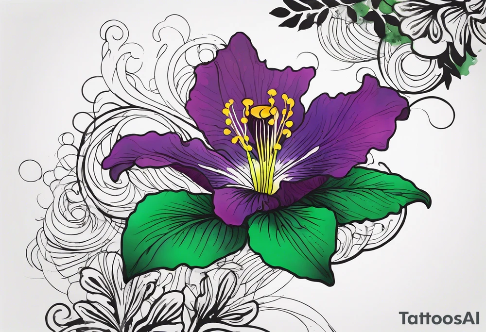 A mystical outline of a rio dipladenia flower and a green/purple watercolor splash in the background tattoo idea
