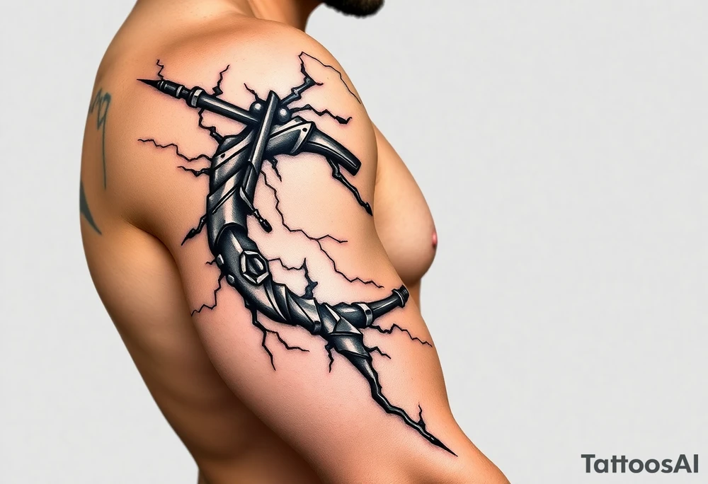 I want a tattoo inspired by the character Izuku midorya from my hero academia. I want his black whip and lighting across my bicep, shoulder and leading slightly to my traps. I want it to be sharp. Not lacking or cringy. Sharp. I don’t want the character or the characters arm. I want the black whip and lighting. tattoo idea