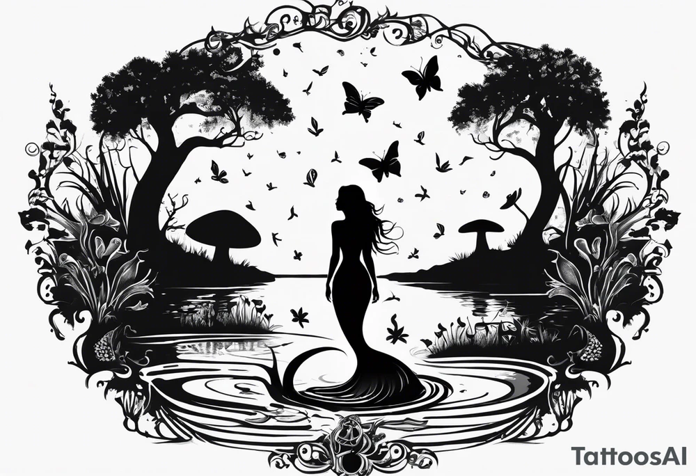 Mermaid silhouette surrounded by musical notes in a Louisiana bayou that has cypress trees, mushrooms, lily pads, frogs, and bugs tattoo idea