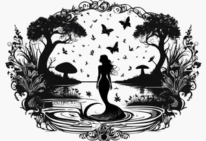 Mermaid silhouette surrounded by musical notes in a Louisiana bayou that has cypress trees, mushrooms, lily pads, frogs, and bugs tattoo idea