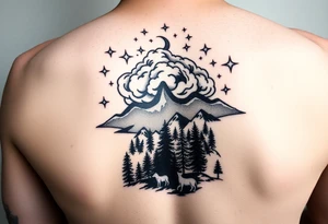 stars in the cloud with a stormy view with a forrest with animals tattoo idea