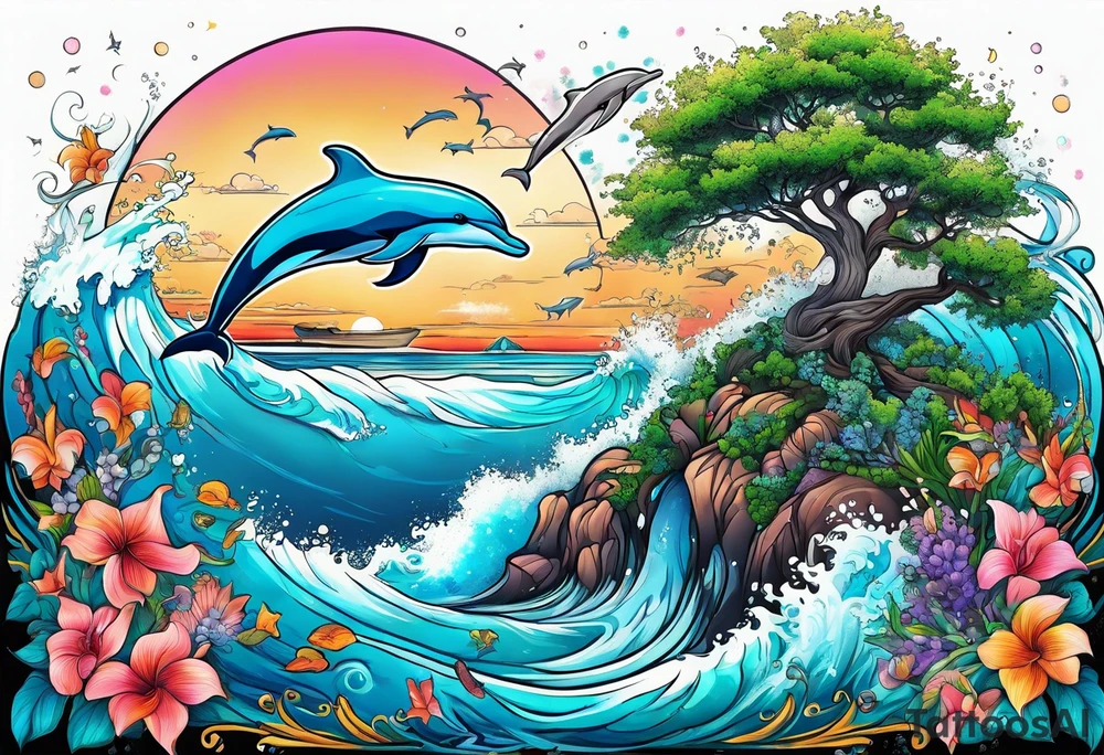 Dolphins ocean beach flowers trees tattoo idea