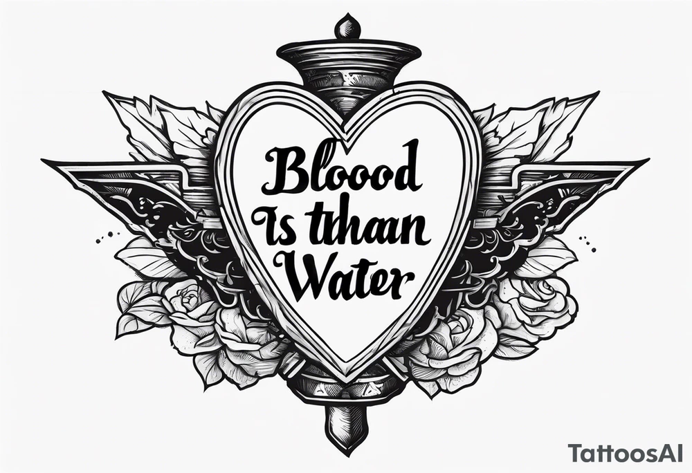 Heart pierced with daggers with a banner saying “blood is thicker than water “ exact words tattoo idea