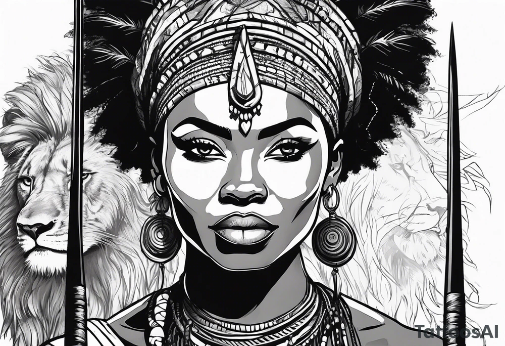 African woman warrior holding spear with earrings. Tribe marks on her face and trees,brids and lion in the background tattoo idea