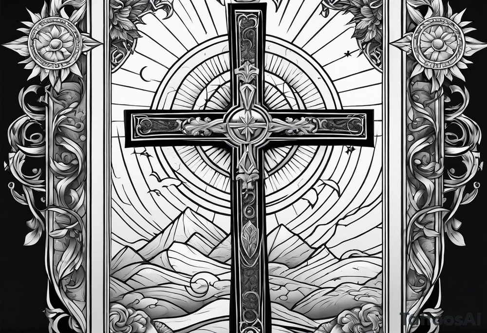 Tomb with cross and sun in the background tattoo idea