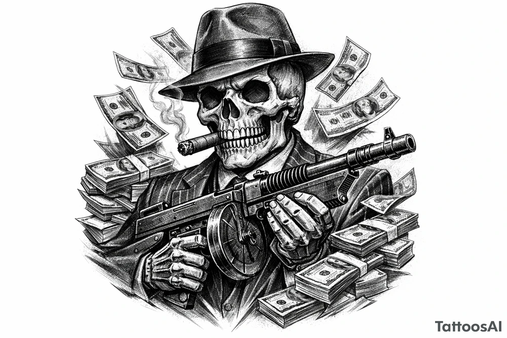 skull with cigar in his mouth,mafia-hat,machine-gun in his hands,surrounded by money. tattoo idea