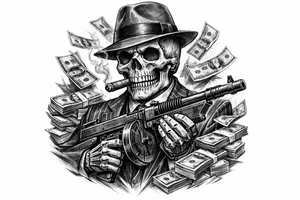 skull with cigar in his mouth,mafia-hat,machine-gun in his hands,surrounded by money. tattoo idea