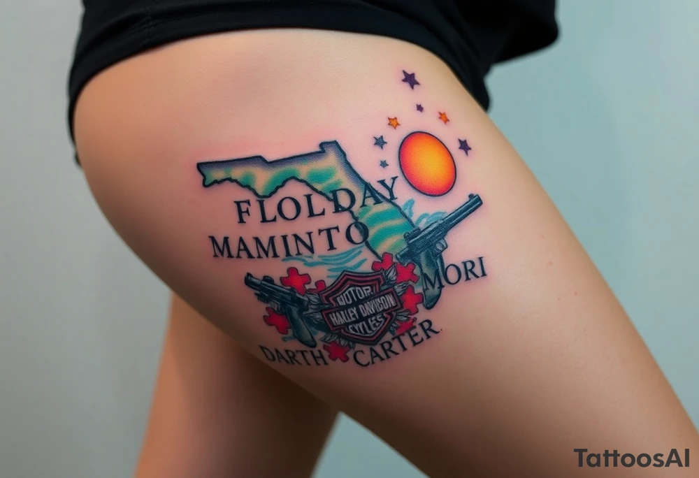 colorful futuristic memory tattoo for passed boyfriend; Florida, gulf coast water, Harley Davidson, skateboarding, puzzle pieces, video games, heaven, god, outdoors, guns, disc golf, words "MEMENTO MORI" & DARTH CARTER tattoo idea