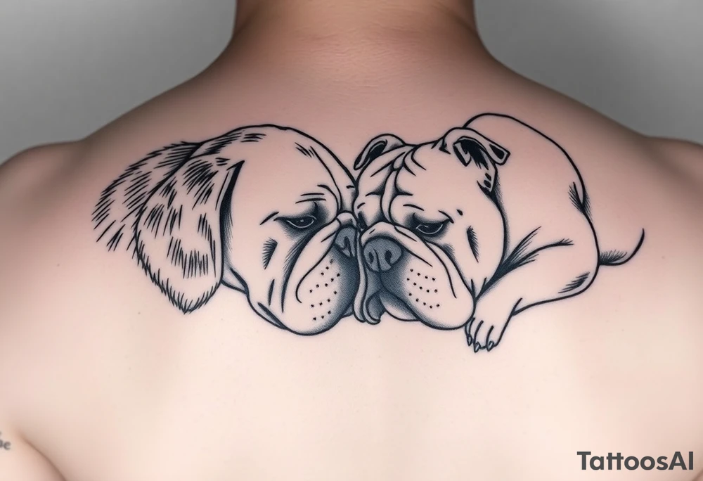 a golden retriever dog and an English bulldog, lying on their sides, head to head, foreheads touching, the golden retriever's head is larger than bulldog's tattoo idea