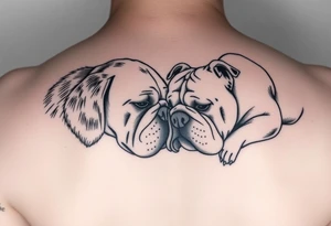 a golden retriever dog and an English bulldog, lying on their sides, head to head, foreheads touching, the golden retriever's head is larger than bulldog's tattoo idea