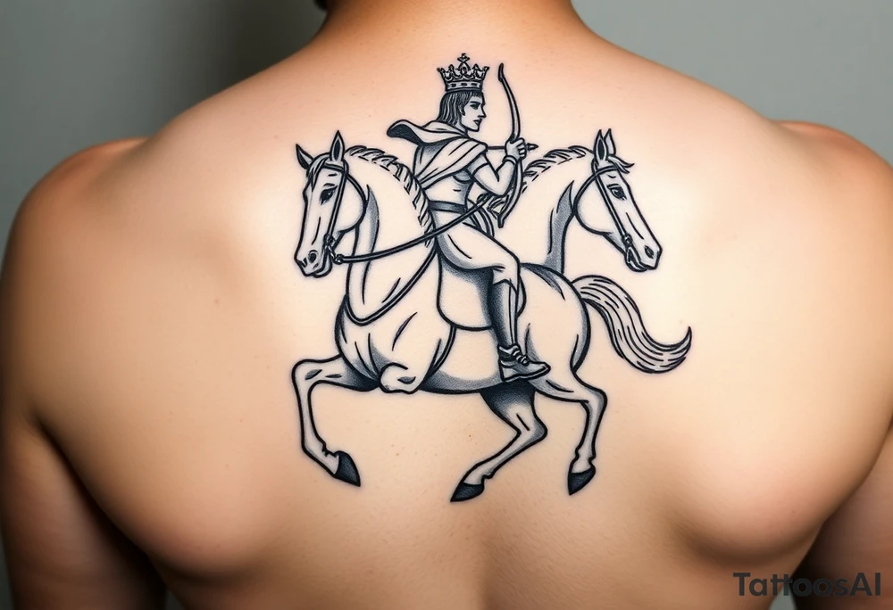 Generate an image of conquest on a white horse. Use this passage from Revelations: "And I saw, and behold a white horse: and he that sat on him had a bow; and a crown was given unto him: and he went forth conquering, and to conquer". Include the rider on a white horse wearing a crown and carrying a bow tattoo idea