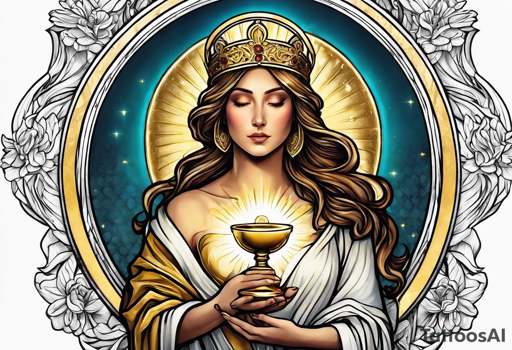 holy saint woman turned away with golden halo holding a chalice tattoo idea
