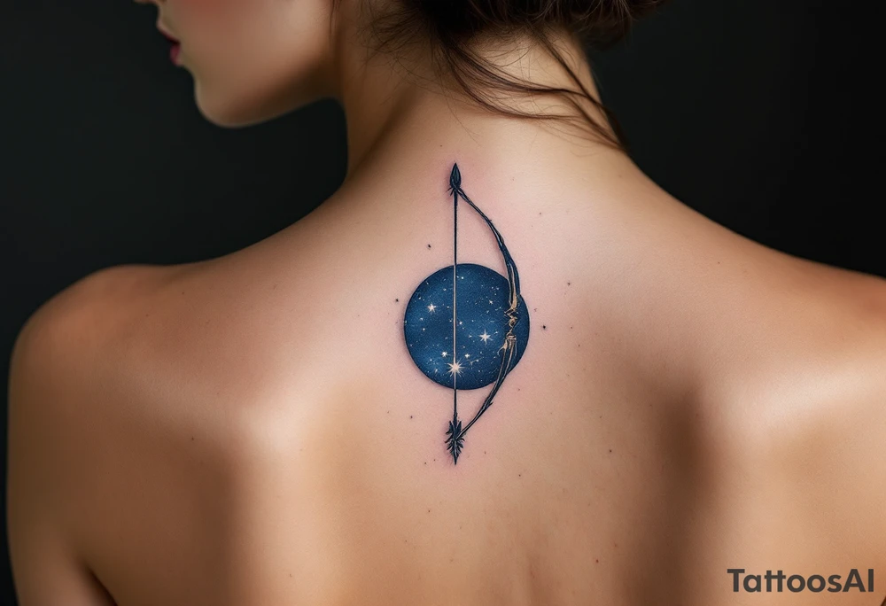 A bow and arrow with the Sagittarius star constellation embedded surrounded by midnight blue. tattoo idea