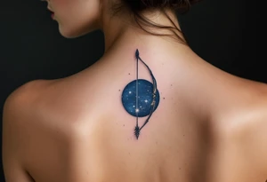 A bow and arrow with the Sagittarius star constellation embedded surrounded by midnight blue. tattoo idea