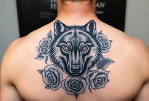 All black wolf(front facing) with orange eyes surrounded by blue roses tattoo idea