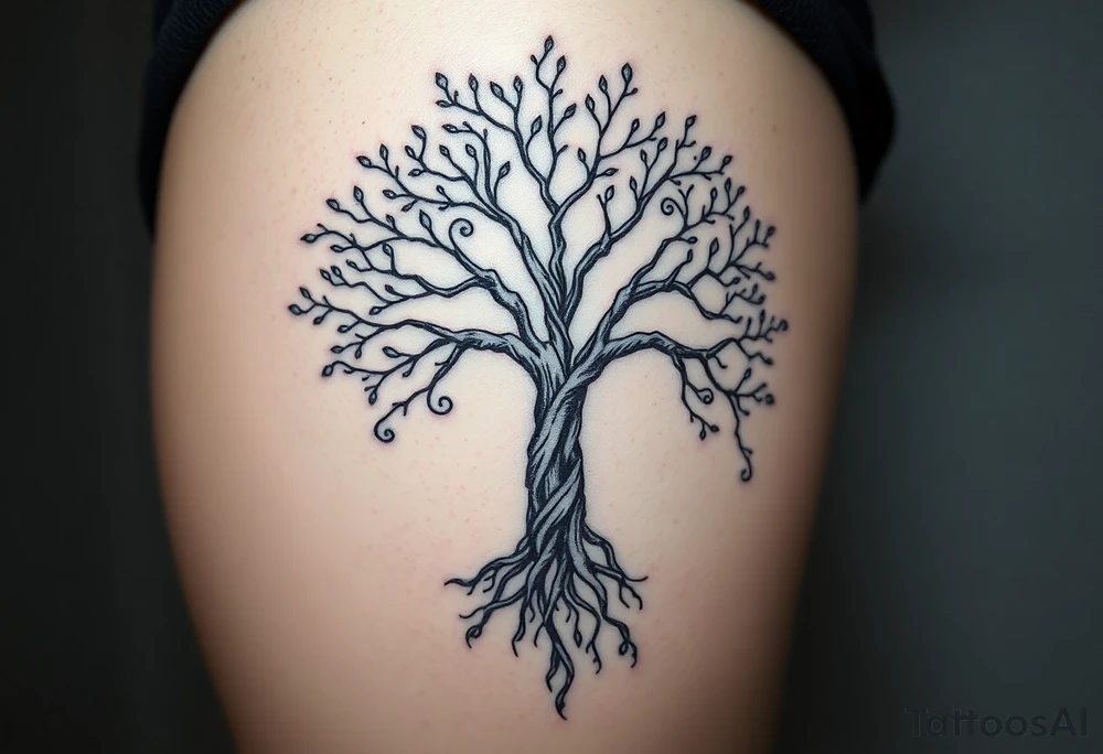 mystical tree of life with cosmic roots and celestial branches tattoo idea