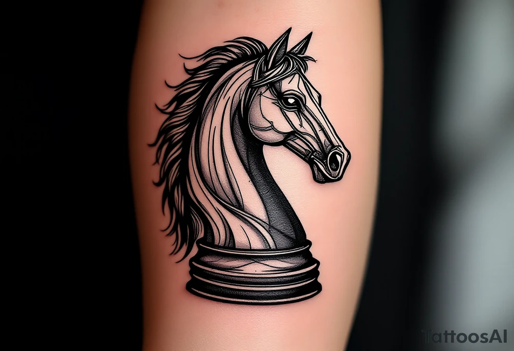 a knight of chess piece. it doesn't have legs, it's a chess piece. 
The knight piece is depicted in motion, slightly tilted forward as if it's charging or coming out of the shadows. The knight’s face is detailed but with a focus on the horse's strong features: its mane flowing in the wind, and the body etched with intricate details to represent strength and agility. The knight is emerging from a shadow, with the front part of the body illuminated in soft, warm light. The shadowed portions near the back and tail create a mystical aura. tattoo idea