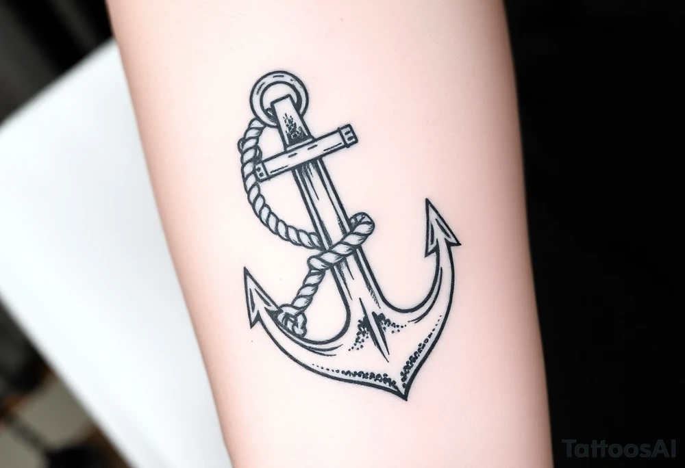 weathered anchor wrapped in nautical rope with sea waves tattoo idea