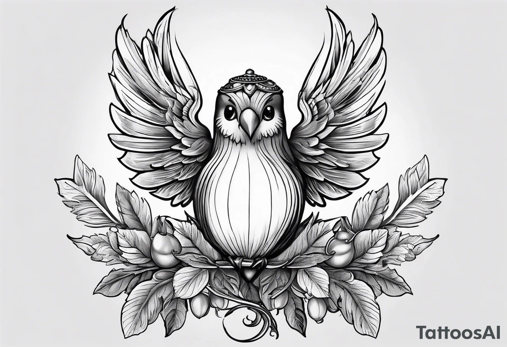 An angelic tattoo featuring an acorn with wings tattoo idea