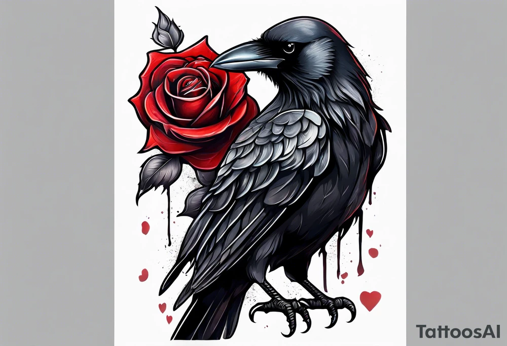 Crow standing holding a red rose tattoo idea