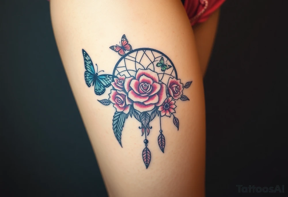 Beautiful Dreamcatcher roses and butterflies tattoo idea
