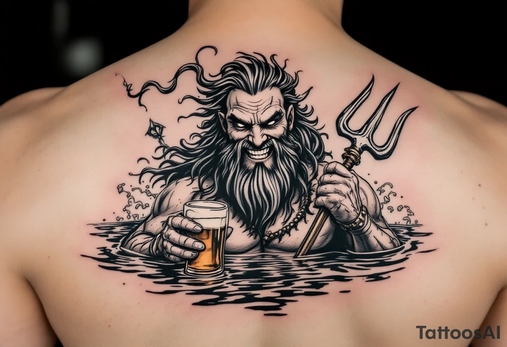smiling poseidon, with a trident, in calm water, holding a beer tattoo idea