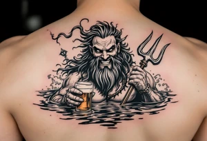 smiling poseidon, with a trident, in calm water, holding a beer tattoo idea