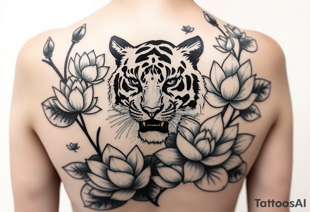 fierce tiger emerging through blooming lotus flowers in mist tattoo idea