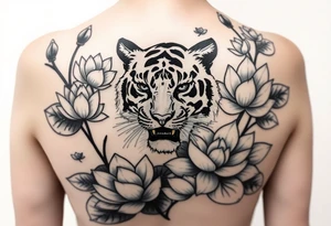 fierce tiger emerging through blooming lotus flowers in mist tattoo idea