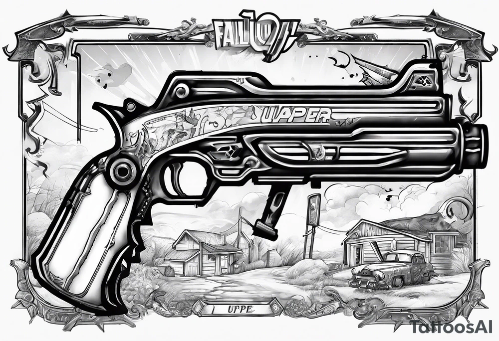 Fallout 4 thirst zapper gun with “yippe” written underneath tattoo idea