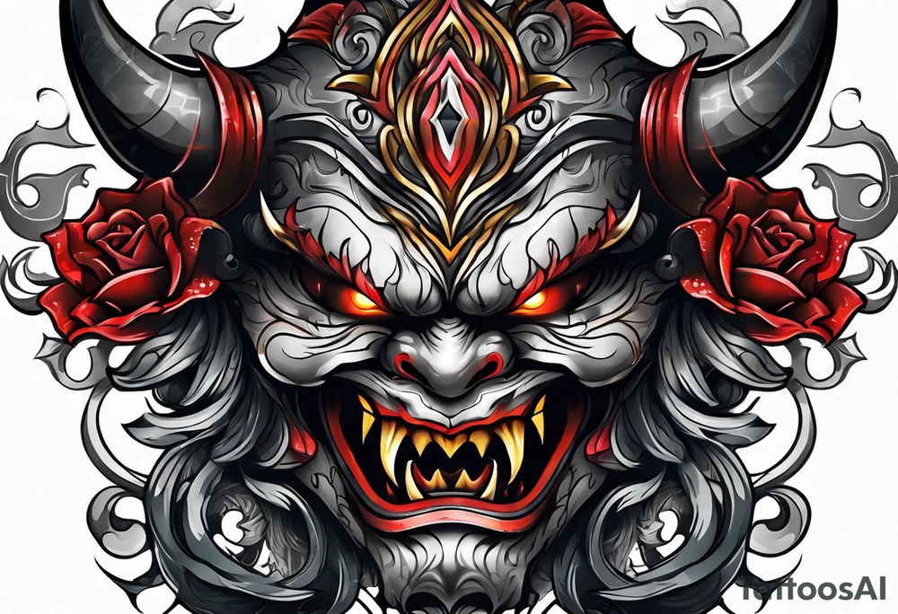 Protection against evil Oni mask tattoo idea